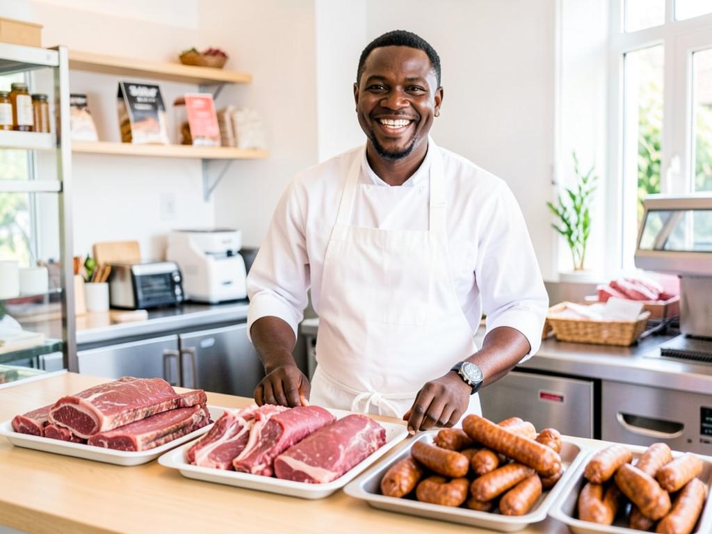 Butcher displaying premium beef, lamb and boerewors at a member-owned butchery