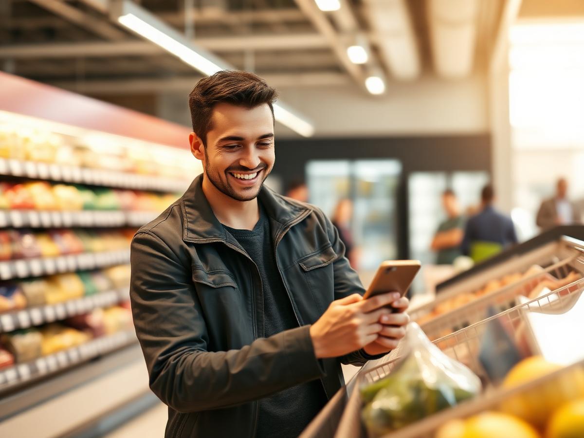 Smiling Stratum member carrying shopping from member-owned stores